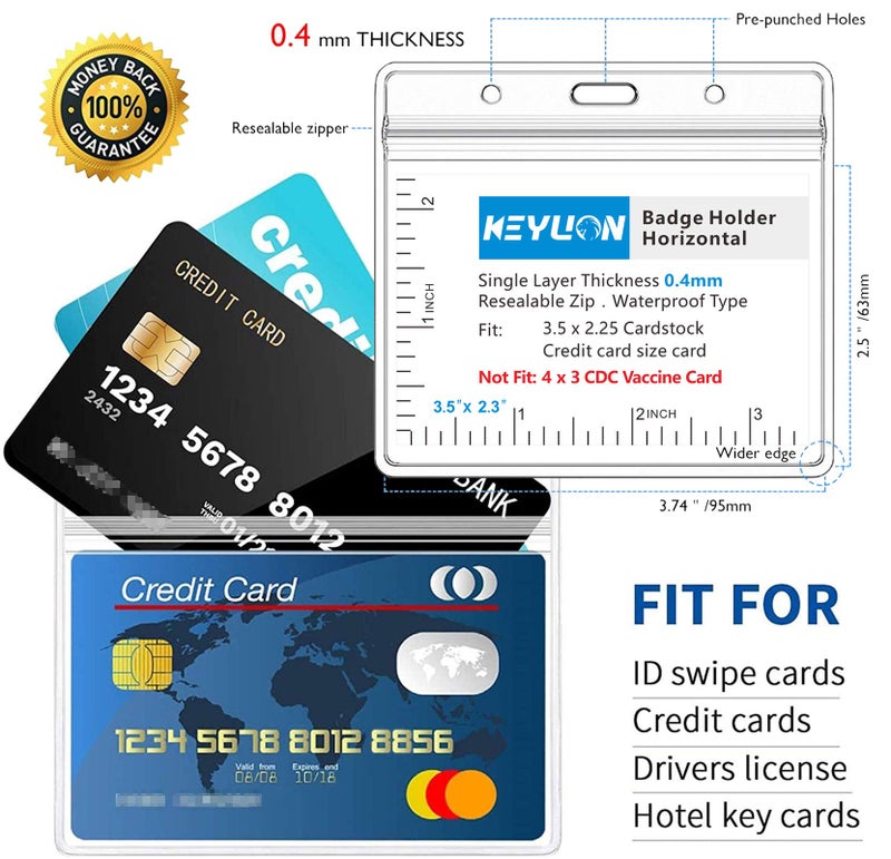 KEYLION 10 Pack Horizontal Name Tag ID Card Holders, Heavy Duty Clear Plastic Sleeve Cover w Waterproof Resealable Zip, fit 5 pcs Credit Card Size Cards or 3.5" x 2.5" Name Badge Inserts - Image 2
